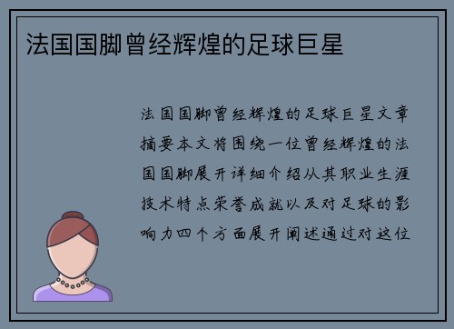 法国国脚曾经辉煌的足球巨星